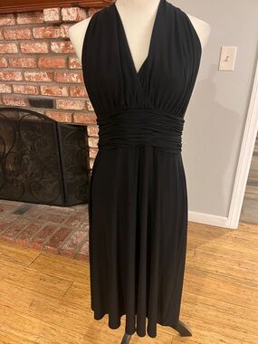 Women's Black Halter Midi Dress with Ruched Waist